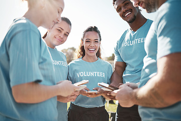 Image showing Volunteer team, phone and portrait of people in park for social media, online chat or charity website update. Community service, teamwork and happy group on smartphone for cleaning or recycle outdoor