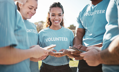 Image showing Volunteer, group and portrait of woman with phone for blog, online chat and charity website update. Community service, teamwork and happy on smartphone outdoor for cleaning or recycle on social media