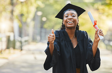 Image showing Graduation, thumbs up and portrait of woman student outdoor with diploma for success, education or college scholarship. Happy african university graduate, like emoji and pride with certificate award