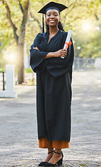 Image showing Graduation, diploma and portrait of woman with arms crossed to celebrate success, education and college scholarship outdoor. Happy african university graduate with certificate, award and achievement