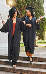Image showing Outdoor, friends and women with graduation, celebration and happiness with future, college and degree. People, students and girls with education, university and achievement with success and diploma