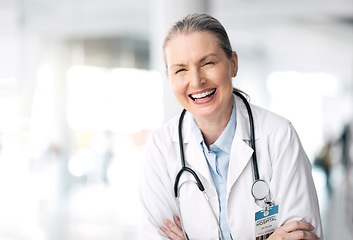 Image showing Stethoscope, senior laughing and woman doctor with healthcare, medical work and hospital job. Wellness, heart cardiology and clinic with a female professional with funny joke and happy with career