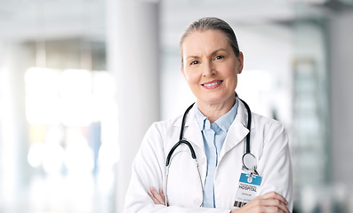 Image showing Stethoscope, senior and woman doctor smile with healthcare, medical work and hospital job. Wellness, cardiology and clinic with a mature female professional with working and health consulting