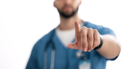 Image showing Nurse, hands touch and man closeup for digital, futuristic and interface for healthcare and hospital. Clinic, medical and website ai with biotechnology, medicine and wellness working for research