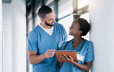 Image showing Doctors, nurses and tablet for teamwork, online results and talking, planning or research of clinic or hospital management. Medical worker, students or people on digital technology for data or charts