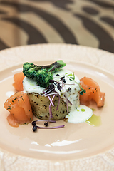 Image showing Potato casserole with broccoli and salmon