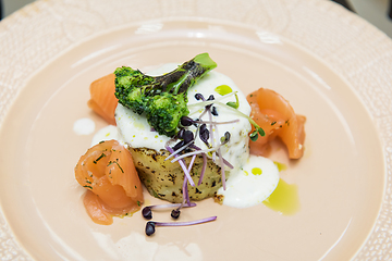 Image showing Potato casserole with broccoli and salmon