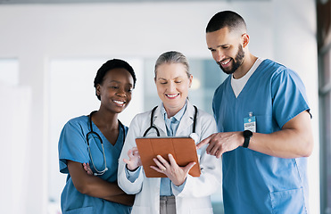 Image showing Doctors, healthcare and teamwork on tablet for online results, mentor advice and research support in clinic. Medical nurse, students or people on digital tech, hospital software or team collaboration