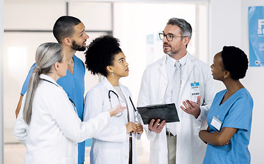 Image showing Doctors, medical people and tablet for hospital management, clinic research and teamwork or training. Group of healthcare staff, nurses and mentor with digital technology for internship schedule