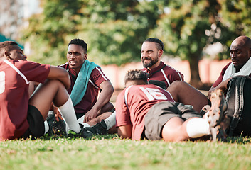 Image showing Sports, training and people or rugby players in a circle for planning strategy for game or match. Fitness, group and athletes talking for team building and relax on an outdoor field for practice