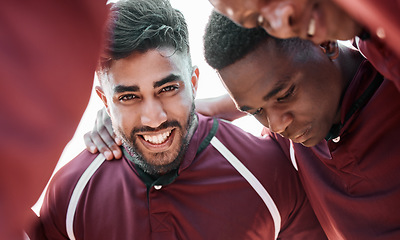 Image showing Fitness, huddle and man in rugby team on field planning strategy for game, match or tournament. Sports, diversity and captain talking to group at training, exercise or practice on outdoor pitch.