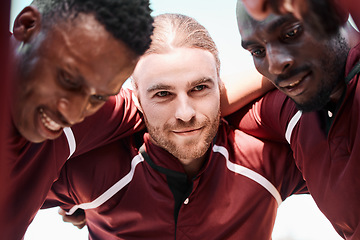 Image showing Fitness, huddle and man in rugby group on a field planning a strategy for a game, match or tournament. Sports, diversity and captain with team at training, exercise or practice on an outdoor pitch