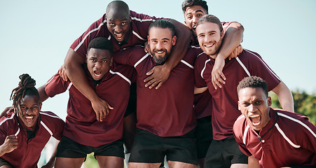 Image showing People, portrait and rugby team in celebration at field outdoor for training, exercise goal and competition. Fitness, group and men screaming for winning game, success in match and sport achievement
