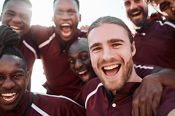 Image showing Excited, portrait and rugby group in celebration at field outdoor for tournament, exercise goal and competition. Face, team and men screaming for winning game, success in match and sport achievement