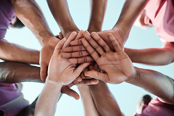 Image showing People, teamwork and hands together in sports collaboration, goals or community for motivation below. Closeup of group piling in team building, solidarity or trust in support for rugby game or match