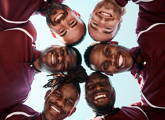 Image showing Man, rugby and portrait of sports team in huddle for outdoor training, teamwork or support below. Low angle of group or players smile in scrum for fitness, collaboration or trust in unity or game