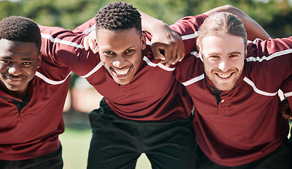 Image showing Happy man, rugby and team in huddle, scrum or playoffs on outdoor field together in nature. Group portrait of sporty people or athlete smile in teamwork motivation for match start or game outside