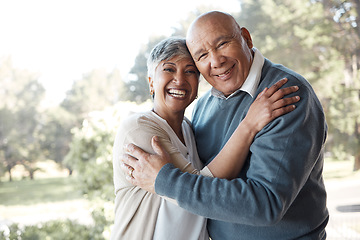 Image showing Portrait, hug and senior couple with love, smile and marriage with bonding, relationship and retirement. Face, happy old woman and elderly man embrace, outdoor and health with nature, care and trust