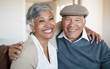 Image showing Portrait, hug and senior couple with love, home and marriage with bonding, relationship and romance. Face, happy old woman and elderly man embrace, retirement and health with mature, care or smile