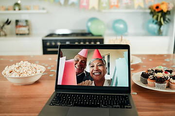 Image showing Senior, couple and video call on laptop screen for party with family communication or meeting at home. Elderly, people and internet for celebration, conversation or chat with technology and smile