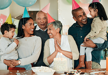 Image showing Happy birthday, grandma or family in home for celebration, bond or growth together. Smile, hat or excited grandparents with cake, love or children siblings in a fun house party or special event