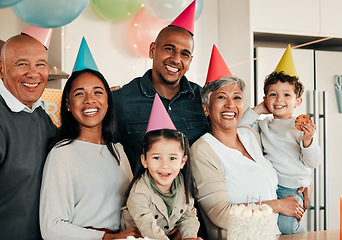 Image showing Birthday, party or portrait of happy family in home for celebration, bond or growth together. Smile, hat or excited grandparents with cake or children siblings in house for fun joy or special event