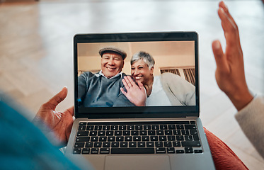 Image showing Senior, couple and video call on laptop screen with greeting for family communication or meeting at home. Elderly, people and internet for networking, conversation or chat with technology and smile