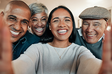 Image showing Family, selfie and portrait of senior parents on sofa for bonding, relationship and fun at home. Love, smile and mature mother, father and adult children in living room for relaxing, trust and care