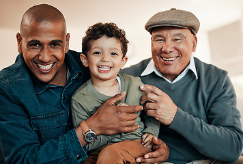 Image showing Family, grandfather and portrait of dad and child on sofa for bonding, relationship and happiness at home. Generations, smile and grandpa, man and young boy in living room for relaxing, love and care