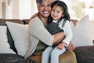 Image showing Portrait, love and grandmother with girl on sofa together for bonding, connection and care in living room of home. Happy family, woman and child on couch with happiness for relaxing, weekend and face