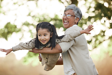 Image showing Family, girl child or grandmother with fly or airplane for fantasy play, fun game or together with bokeh in nature. People, kid or grandma outdoor with happiness for love, care and bonding or excited