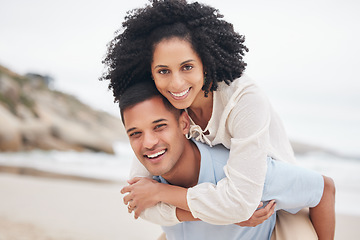 Image showing Portrait, piggyback and happy couple at the beach with love, bond and fun in nature together. Freedom, travel and face of excited people at sea with carrying, games or freedom celebration in Bali