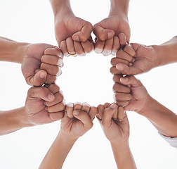 Image showing Group of people, fist bump and circle outdoor for trust, team building, support and unity with sky view. Hands, men and women on mockup space for community, motivation or connection with solidarity