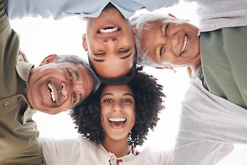 Image showing Excited, portrait and a family with a huddle in nature for summer, bonding and fun together. Low, laughing and senior parents with a young man and woman with love, care and community at the beach