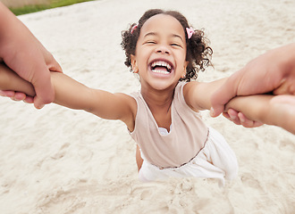 Image showing POV, parent spinning child in park and playing, laughing and spending family time together with smile. Summer weekend, hands of person and girl having fun in nature with happiness, love and support.