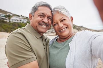 Image showing Senior, couple and selfie on beach for travel, vacation or retirement in nature with happiness and profile picture. Elderly, man or woman with portrait smile for holiday or adventure update by ocean