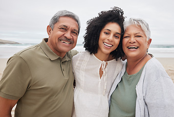 Image showing Portrait, happy woman and senior parents at beach on holiday, vacation or travel outdoor. Face, adult daughter and mother and father bonding together at ocean for family connection, love and support