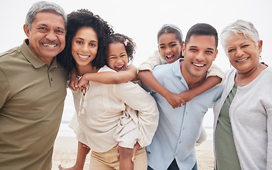 Image showing Happy family, beach or vacation with grandparents, parents and kids for holiday, bonding together or smile. Portrait, travelling and outdoor to rest, relax and quality time for break, memories or joy