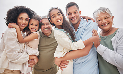 Image showing Portrait, smile and big family outdoor on holiday, vacation and travel together in nature. Face, happy grandparents and parents with children bonding, care and hug for love, support and connection