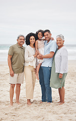 Image showing Portrait, happy and big family at beach outdoor on holiday, vacation and travel together. Grandparents, parents and child smile at ocean, bonding and love of father, mother and kid on mockup space