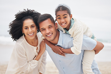 Image showing Portrait, happy family and piggyback at the beach with freedom, fun and bonding in nature. Love, face and parents with girl child at the ocean for games, travel and vacation, holiday or trip at sea