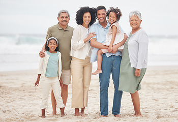 Image showing Portrait, smile and big family at beach on vacation, holiday or travel outdoor in summer. Happy parents, grandparents and kids at ocean for care, children bonding and love connection together at sea