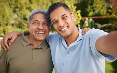 Image showing Portrait, selfie of man and mature father at park on vacation, holiday or travel outdoor. Face, picture and dad with adult person at garden for care, happy family bonding or smile together in nature