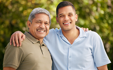 Image showing Man, senior dad or portrait in park on fathers day for bond, support or love with smile, care or pride. Hug, retirement or mature dad with a happy son in outdoor garden together on holiday vacation