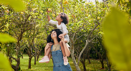 Image showing Woman with kid, lemon orchard and piggyback in nature, agriculture with healthy food and nutrition on citrus farm. Farmer, mother and daughter time picking fruit and happiness, harvest and bonding