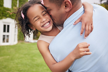 Image showing Hug, father and kiss kid on cheek outdoor at backyard of home for care, bonding and support. Love, girl child and dad embrace, smile and happy family together for connection, trust and relationship