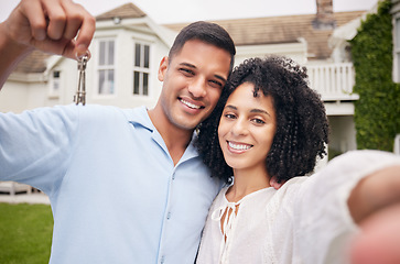 Image showing Happy, selfie and couple with keys, real estate and post with happiness, celebration and homeowner. Portrait, man and woman with property, mortgage and support with investment and profile picture