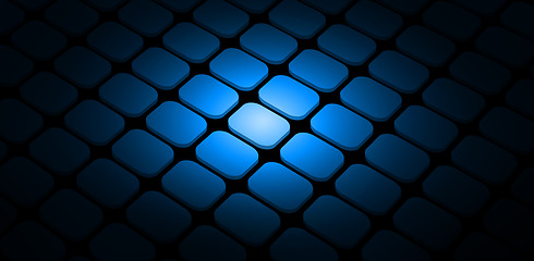 Image showing Blue, grid and light on black wallpaper with pattern, texture and digital matrix on cyber connection. Neon lighting, future technology and system information button, tiles or keys on dark background