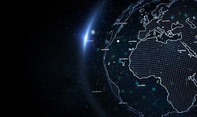 Image showing Hologram earth, planet and star by dark background for global network, mockup space and lens flare. Holographic world, overlay and futuristic light with digital transformation on technology abstract