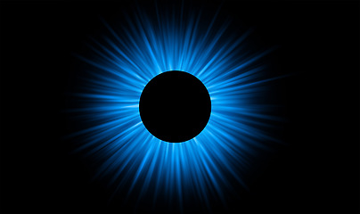 Image showing Blue, circle and light ray on black background with pattern, texture and digital star on cyber icon. Neon lighting, future technology and sun for virtual logo, sign and space mockup on dark wallpaper